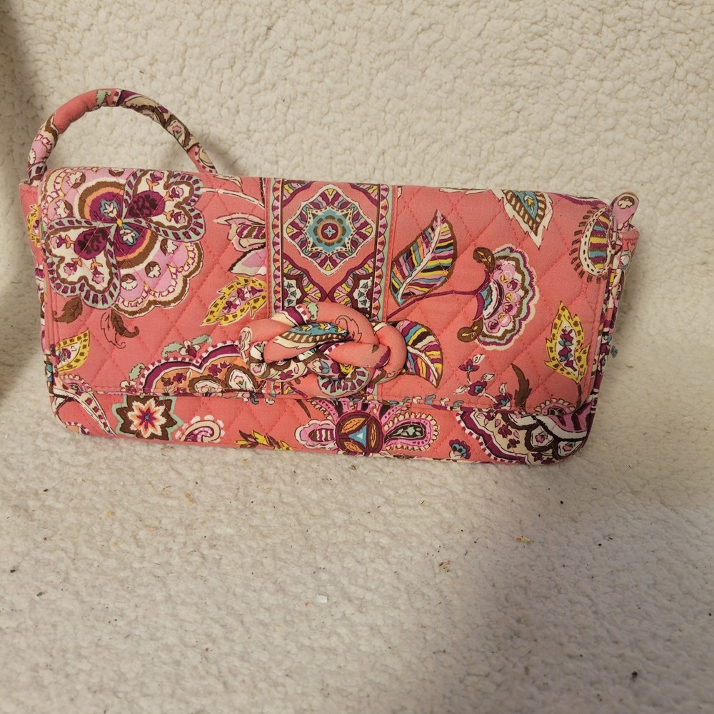 Vera Bradley Pink‎ Paisley Quilted Cotton Baguette Shoulder Bag Knotted Detail